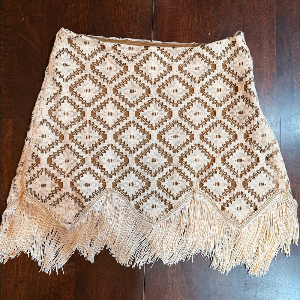 Judith March Cream and Brown Fringe Mini Skirt